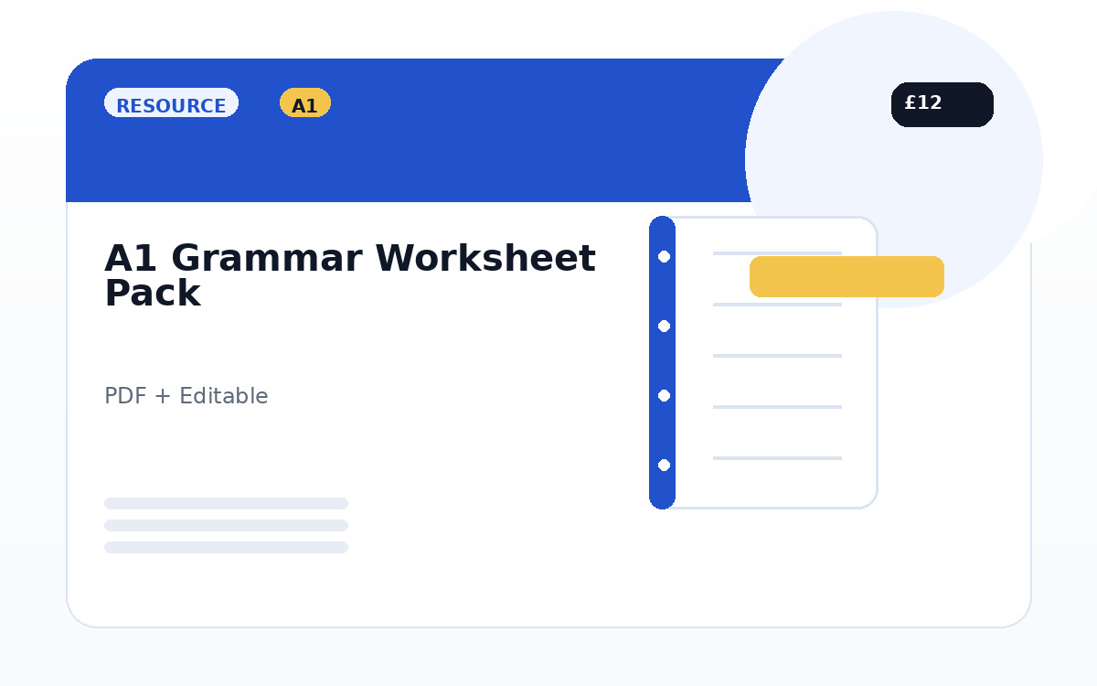 A1 Grammar Worksheet Pack